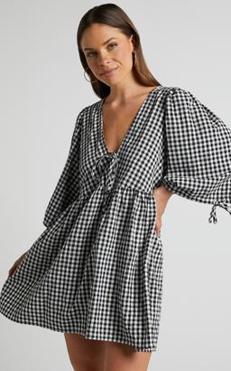 Rosita Mini Dress - Tie Front Puff Sleeve Dress in Black and White Check