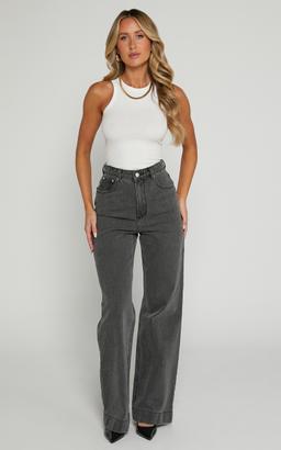 Emman Jeans - High Waisted Cotton Wide Leg Denim Jeans in Washed Black