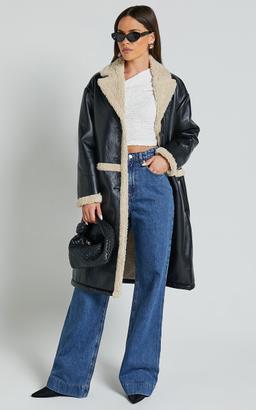 Jan Coat - Longline Faux Shearling Aviator Coat in Black