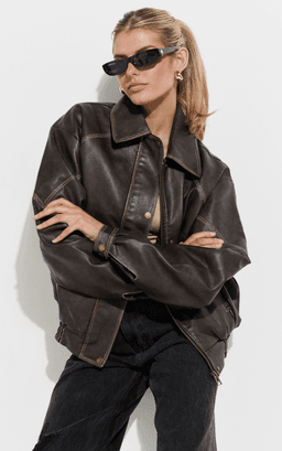 Gail Jacket - Faux Leather Bomber Jacket in Washed Brown