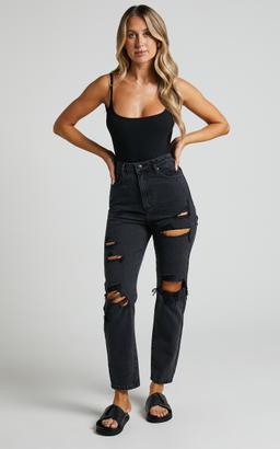 Billie Jeans - High Waisted Cotton Distressed Mom Denim Jeans in Black Wash
