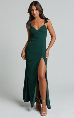 More Than This Maxi Dress - Ruffle Strap Thigh Split Dress in Emerald
