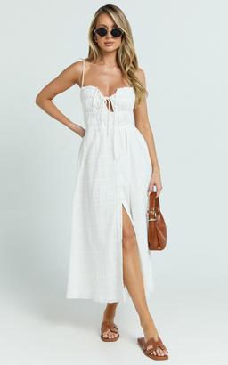 Lucienne Midi Dress - Ruched Button Up Front Dress in White
