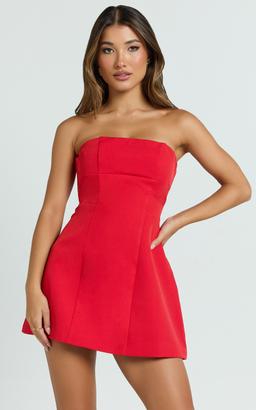 Catharine Mini Dress - Strapless A Line Dress in Red