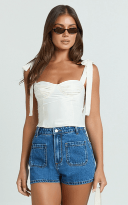 Avril Shorts - High Waisted Recycled Denim Patch Pocket Micro Shorts in Mid Blue Wash