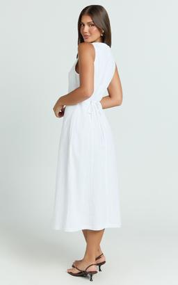 Juliet Midi Dress - Button Through V Neck Dress in White