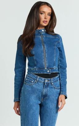 Pamela Jacket - Denim Biker Detail Long Sleeve Jacket in Dark Blue Wash