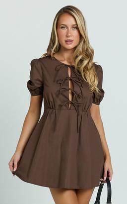 Hattie Mini Dress - Tie Front Puff Sleeve Dress in Chocolate