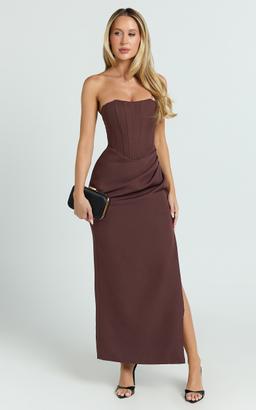 Avery Midi Dress - Strapless Draped Side Split Dress in Chocolate