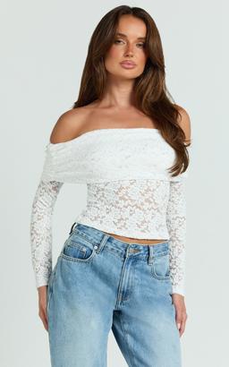 Roxanna Top - Lace Off Shoulder Long Sleeve Top in White