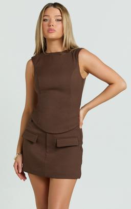 Yvette Mini Skirt - High Waisted Wool Look Skirt in Chocolate
