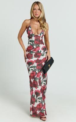 Lenny Maxi Dress - Bias Slip Lace Up Back Dress in Rose Blanca Floral