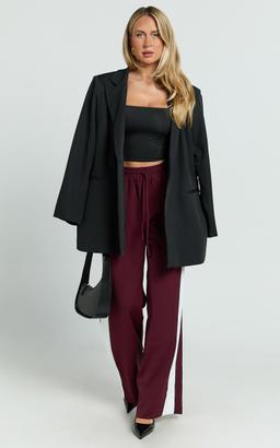 Davi Pants - Drawstring Waist Contrast Panel Tailored Pants in Burgundy
