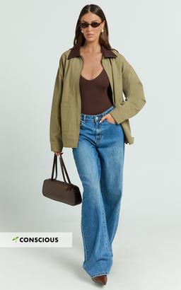 Susie Jacket - Contrast Collar Trucker Jacket in Khaki