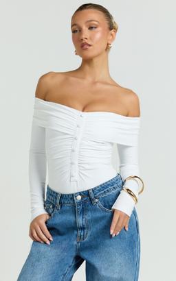 Charisse Bodysuit - Off Shoulder Button Down Bodysuit in White