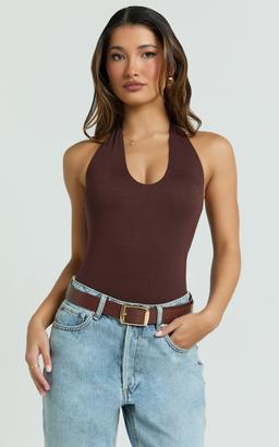 Suzanna Bodysuit - V Neck Halter Bodysuit in Chocolate