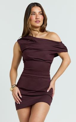 Cleo Mini Dress - Off Shoulder Ruched Bodycon Dress in Chocolate