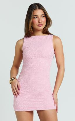 Eira Mini Dress - Lace Boat Neck Bodycon Dress in Pink