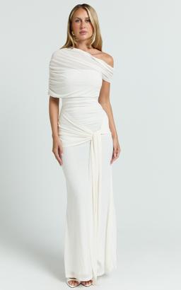 Nicolette Maxi Dress - Cape Sleeve Off Shoulder Dress in Cream