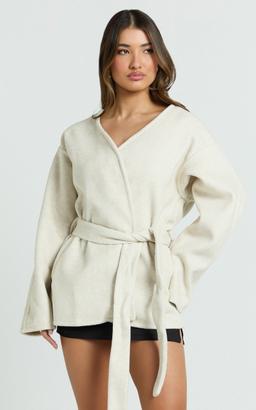 Annalise Jacket - Collarless Tie Waist Wool Look Jacket in Cream