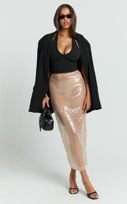 Tiffany Midi Skirt - Low Waisted Sheer Sequin Skirt in Nude Sequin