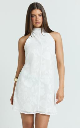 Ziva Mini Dress - Jacquard Halter A Line Dress in White