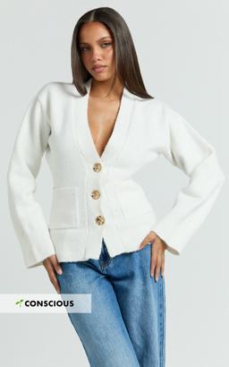 Nerissa Cardigan - V Neck Recycled Knit Contoured Cardigan in Cream