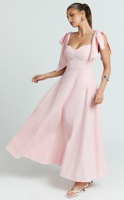 Tymia Midi Dress - Shoulder Tie Bustier Shirred Back A Line in Pink