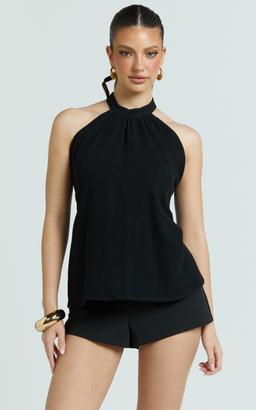 Kala Top - High Neck Tie Waist Linen Blend Peplum Top in Black