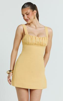 Welmina Mini Dress - Square Neck Front Placket Dress in Lemon
