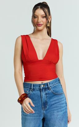 Gail Top - Jersey V Neck Gathered Long Line Top in Ruby