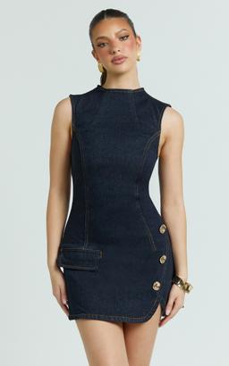 Rebecca Mini Dress - Denim Button Wrap Front Skirt Dress in Dark Blue Wash