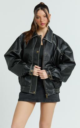 Gail Jacket - Faux Leather Bomber Jacket in Black