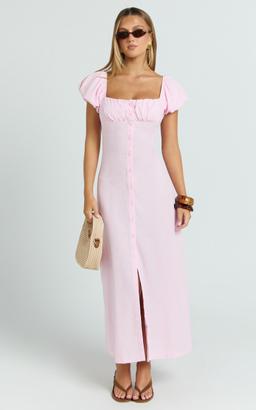 Welmina Midi Dress - Short Sleeve Placket Front Dress in Pale Pink
