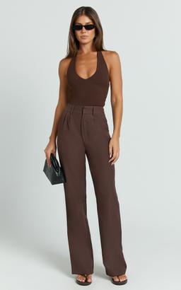 Melissa Pants - Pleat Front Wide Leg Tailored Pants in Chocolate