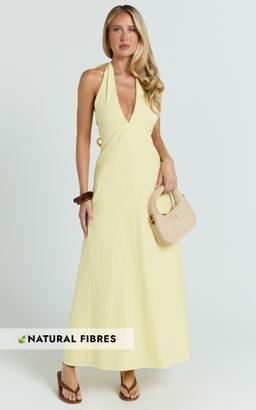 Connor Maxi Dress - Halter Neck Tie Back Dress in Lemon