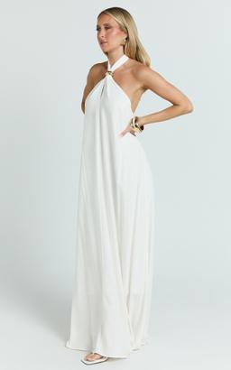 Jhazmine Maxi Dress - Halterneck Linen Gold Trim Dress in Off White