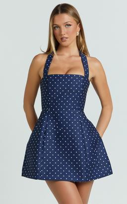 Dante Mini Dress - Halter Neck Tie Tulip Skirt Dress in Navy Polka Dot