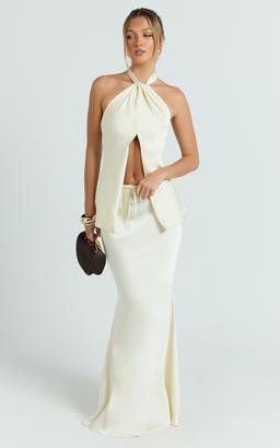 Jenna Maxi Skirt - Mid Waisted Satin Maxi Skirt in Oyster