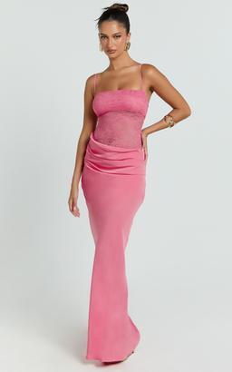 Rania Maxi Dress - Contrast Lace Bodice Bias Cowl Drop Waist Dress in Dark Pink