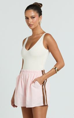 June Short - Linen Look Side Stripe Short in Pink Choc