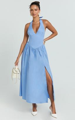 Etta Midi Dress - Plunge Fit And Flare Dress in Cornflower Blue