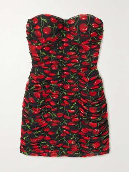 Strapless ruched printed stretch-tulle mini dress