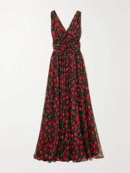 Gathered printed silk-blend chiffon maxi dress