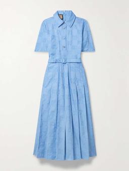 Belted pleated cotton Oxford-jacquard midi dress