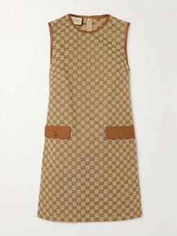 Leather-trimmed cotton-blend canvas-jacquard mini dress