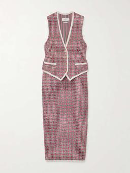 Grosgrain-trimmed checked cotton-tweed midi dress