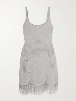 Charm fringed embellished stretch-mesh mini dress