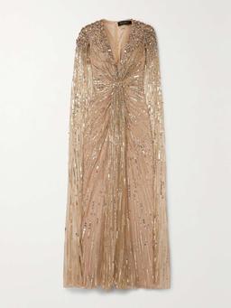 Lotus cape-effect embellished sequined tulle gown