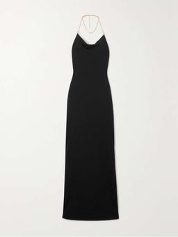 Chain-embellished knitted halterneck gown